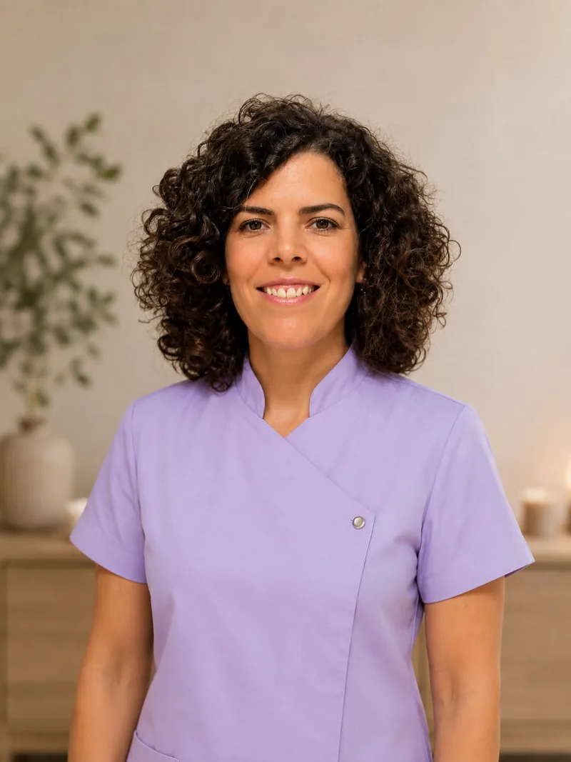 Bet Puchal Montaner, terapeuta del Centro Bienestar Kamali, con el uniforme lila del centro