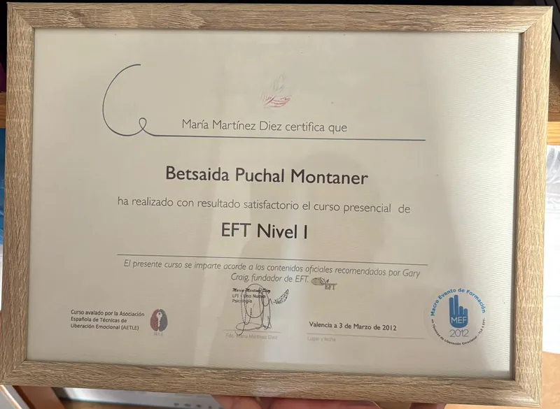 Diploma del curso de EFT nivel I, a nombre de Betsaida Puchal Montaner, 2012