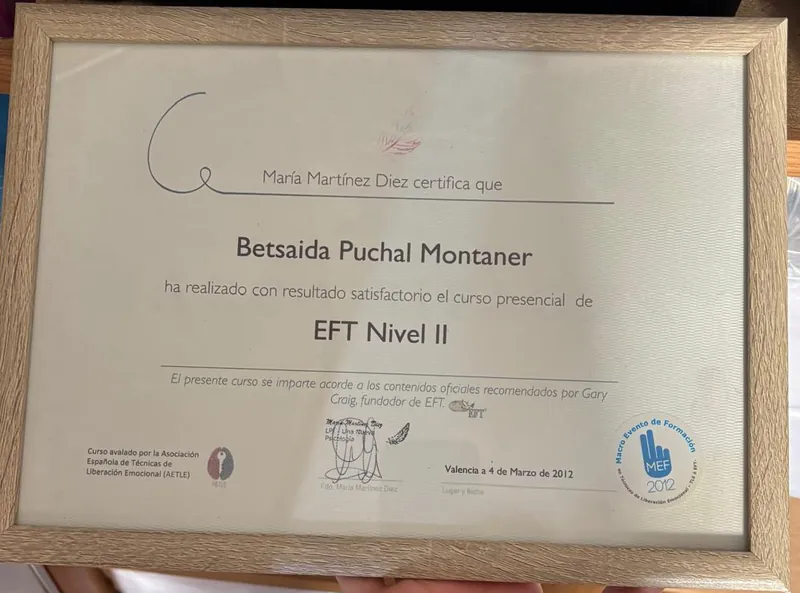 Diploma del curso de EFT nivel II, a nombre de Betsaida Puchal Montaner, 2012