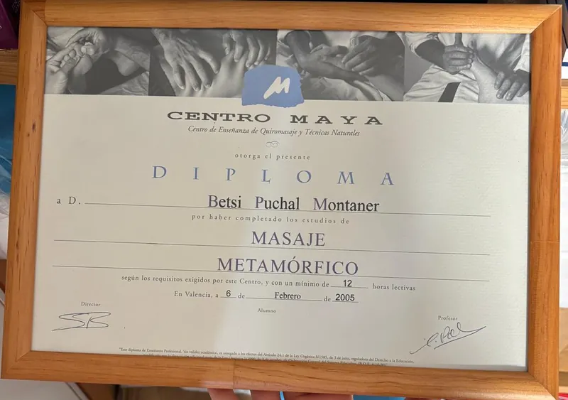 Diploma de Masaje Metamórfico de Centro Maya, a nombre de Betsaida Puchal Montaner, 2005