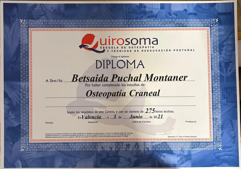 Diploma de Osteopatía Craneal de Quirosoma, a nombre de Betsaida Puchal Montaner, 2021