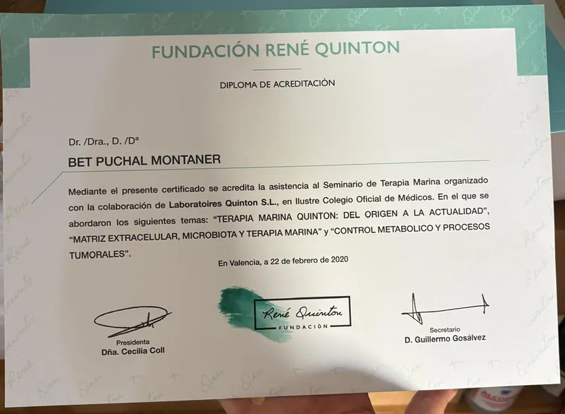 Diploma de acreditación del Seminario de Terapia Marina de la Fundación René Quinton, a nombre de Betsaida Puchal Montaner, 2020