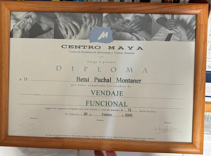 Diploma de Vendaje Funcional de Centro Maya, a nombre de Betsaida Puchal Montaner, 2005
