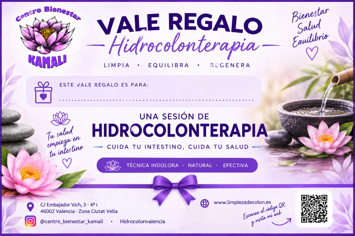 Vale regalo de hidrocolonterapia del Centro Bienestar Kamali, en lila, con flores de loto y un cuenco de agua
