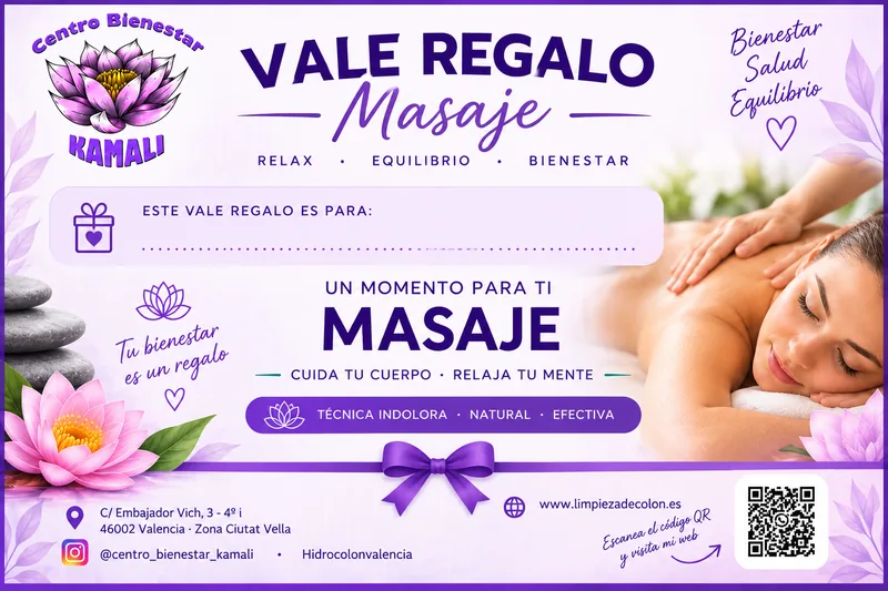 Vale regalo de masaje del Centro Bienestar Kamali, en lila, con flores de loto y un lazo